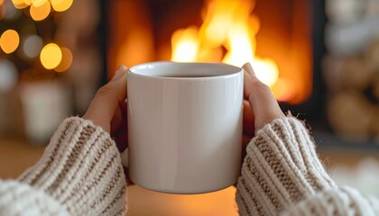 Cozy Winter Evening With Hot Drink By Fireplace.