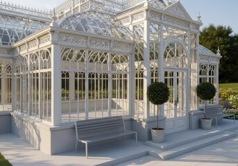 Elegant white victorian greenhouse with ornate metalwork and lush greenery