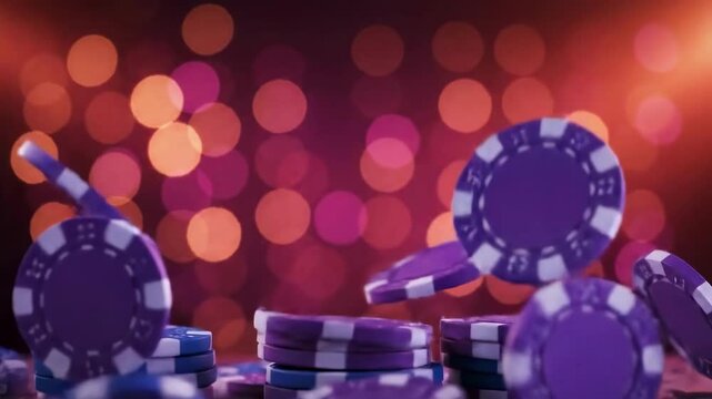 Exciting casino night with falling poker chips and vibrant bokeh background, perfect for online gambling promotion or casino themed event