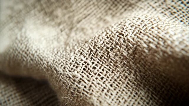 Close-up of Woven Burlap Fabric with Visible Fibers and Texture.