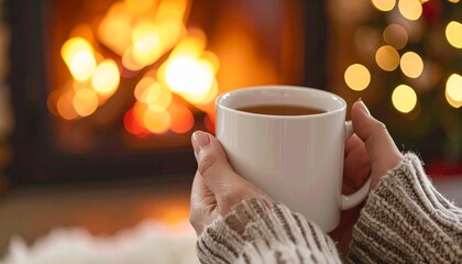 Cozy Winter Warmth - Hands Holding Mug by Fireplace.