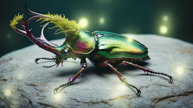 Vibrant beetle with moss on its head in a natural setting