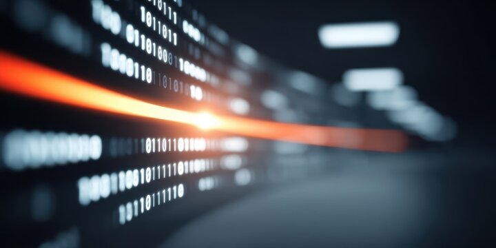 flow of glowing binary code shaping into a successful company logo showing tech driven growth