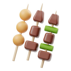 Three skewers of delicious yakitori grilling food with meat and green vegetables on wooden sticks on a transparent background isolated delicious japanese cuisine