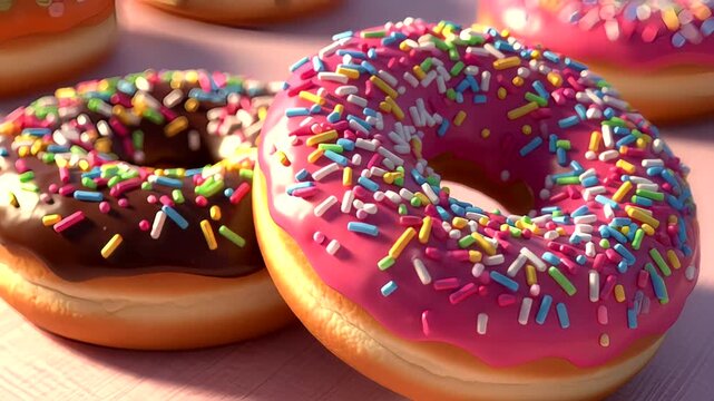 Colorful donuts with sprinkles on a pink surface, perfect for dessert themes