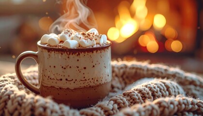 Cozy Mug of Hot Chocolate by a Warm Fireplace.