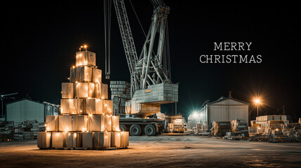 crane on construction site stacking concrete blocks, shape of Christmas tree, Christmas theme in construction industry. Christmas tree, decorated with construction lights. Merry Christmas. Poster, ban