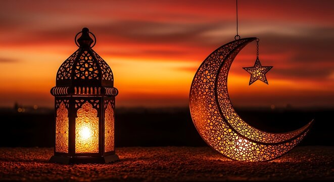Photo of decorative ramadan lantern and crescent moon with star illuminated at dusk, creating a magical and festive atmosphere for the islamic holy month