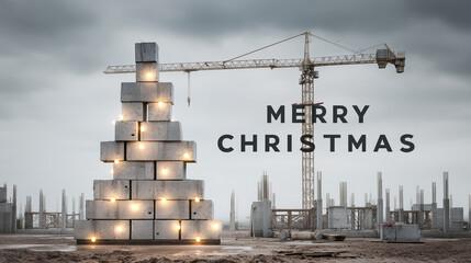 crane on construction site stacking concrete blocks, shape of Christmas tree, Christmas theme in construction industry. Christmas tree, decorated with construction lights. Merry Christmas. Poster, ban