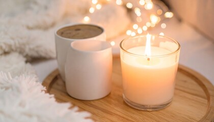 Cozy Winter Evening with Hot Drink and Candle.
