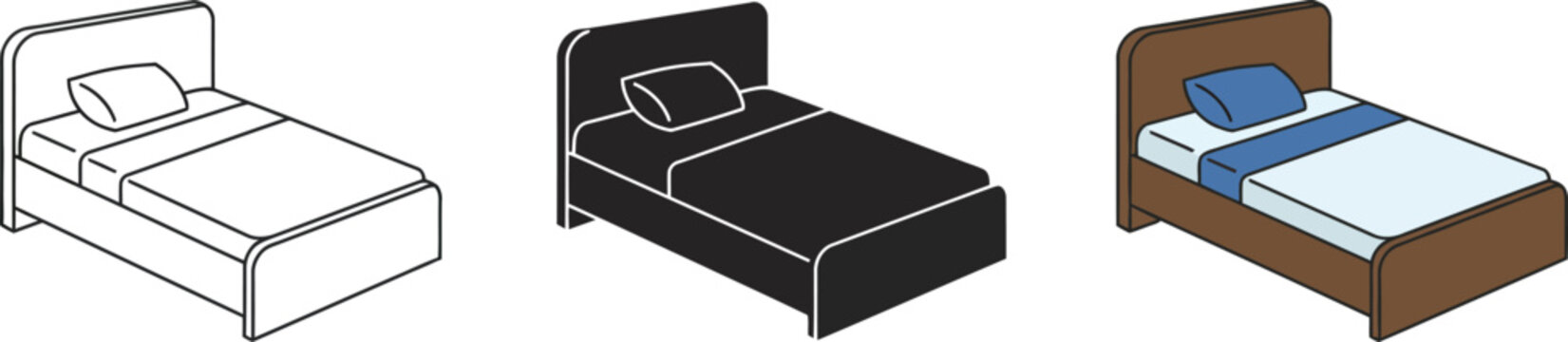 Three distinct styles of upholstered bed frames including a line drawing a silhouette and a realistic rendering with bedding and pillows vector