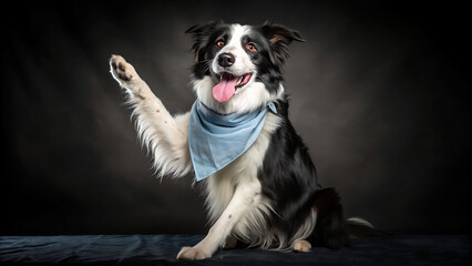 A cheerful border collie with a blue bandana extends its paw in a friendly wave, its tongue playfully out against a dark, moody background
