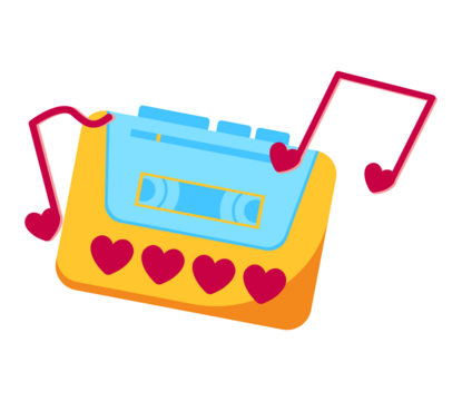 Retro Cassette Player with Musical Notes and Heart Buttons on a Transparent Background - Powered by Adobe