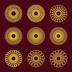 Set of golden ornamental vector mandala design elements on dark background.