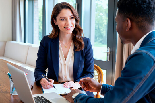 Caucasian young adult woman smiling while writing on clipboard, sitting across from Black young adult man discussing business at table with open laptop in modern office setting