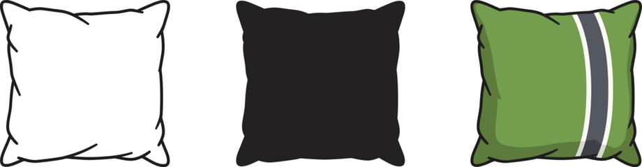 Three square cushions in different styles one sketch style white one solid black and one green striped for home decor and design vector © DesignVirtuoso