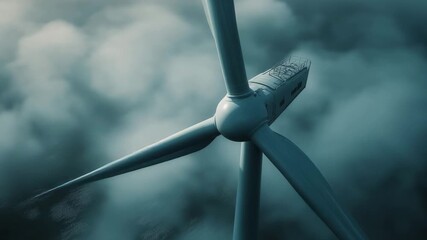 Offshore wind turbine with large white blades generating clean green energy over the foggy ocean, symbol of sustainable technology and environmental for renewable power, eco campaign, video - Powered by Adobe