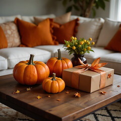 Coffee table with pumpkins and Halloween gift boxes in living room, closeup, selective focus