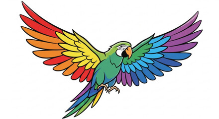 Fototapeta premium Vibrant green macaw parrot with outstretched wings showcasing a spectrum of rainbow colors, vector illustration depicting tropical bird in flight.