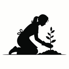 Scalable vector illustration of a gardener planting a sapling in the ground silhouette vector illustration white background