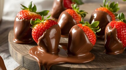 Deliciously decadent dark chocolate dipped fresh ripe strawberries arranged artfully on a rustic wooden surface for a sweet treat