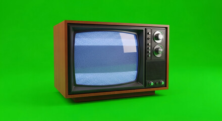 Retro television with static noise on screen, isolated on a green background for easy chromakey. Vintage media broadcasting for nostalgia concept.
