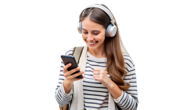 Young woman wearing headphones and looking at her smartphone, isolated on transparent background - Powered by Adobe