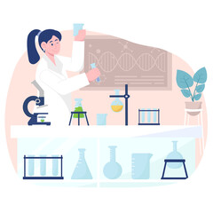 Scientist Conducting Experiment In Laboratory With Microscope And Test Tubes Filled With Liquid In A Lab Coat And Blue Hair With DNA Strand Graphic On Wall And Potted Plant