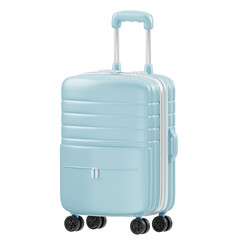 Light Blue Hard Shell Travel Luggage With Four Wheels And Telescopic Handle Ready For Vacation Trips And Journeys Isolated On Black Background