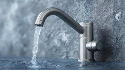 Stainless Steel Kitchen Faucet Pouring Clear Water Stream Over Metal