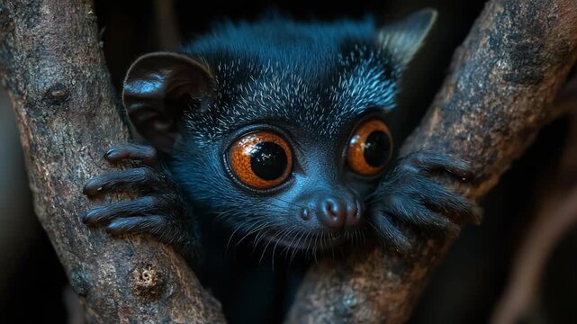 Cute Aye Aye Lemur Staring at the Camera in the Forest.