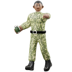 Military Man in Camouflage Uniform Holding a Grenade Ready to Throw with Transparent Background