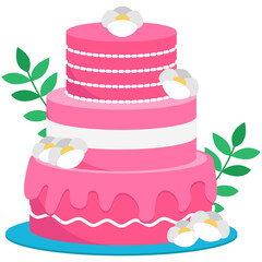 Pixel Art Three Tier Pink Wedding Cake With White Frosting And Green Leaves On A Blue Cake Stand