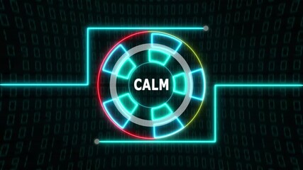 Cyan circular HUD interface displaying “CLAM” text, over a digital data stream background, creating a futuristic heads-up display with high-tech visual effects. - Powered by Adobe