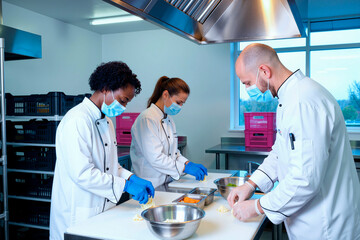 Multiethnic group of young adult chefs preparing food in commercial kitchen, wearing protective face masks and gloves, standing at counter chopping vegetables and working together