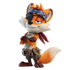 Daring Fox Mascot: A cunning fox character confidently strikes a pose, sporting an eyepatch and a stylish bandana, embodying a spirit of adventure and a hint of mischief.