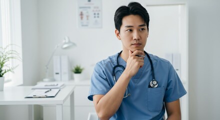 Fototapeta premium Doctor thinking in bright medical office