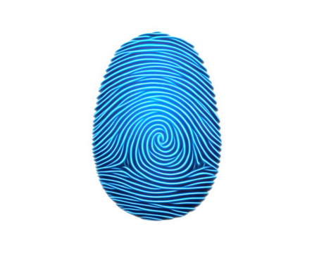 Blue digital fingerprint icon for biometric technology and security. This futuristic clipart represents identity, access, and authentication on transparent background