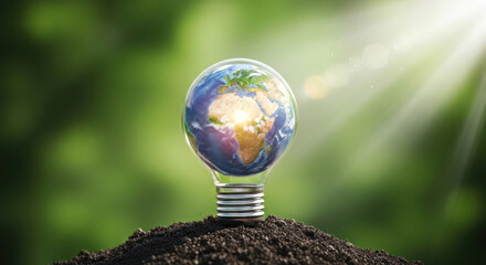 Earth in a lightbulb symbolizing green energy and environmental sustainability initiatives