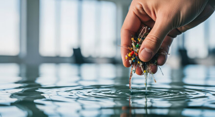Hand gently dropping seeds into rippling water for sustainable growth and agriculture