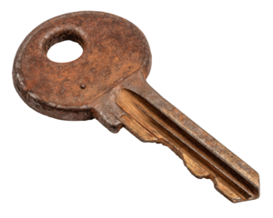 Mysterious old rusty key, worn and isolated. antique metal object with scratch detail symbol of security, vintage access, and forgotten, mysterious past