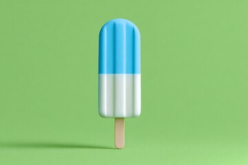 Refreshing blue and white popsicle melts slightly on vibrant green background, evoking summer joy and cool treat cravings.
