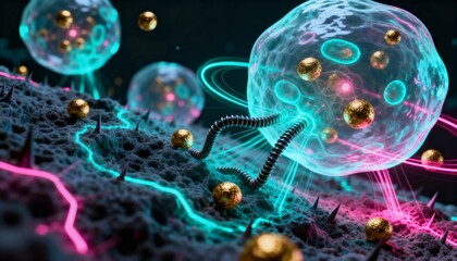 Microscopic view of cells with golden particles and glowing energy pathways, showcasing scientific or medical concept.