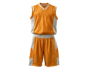 Energetic orange basketball uniform with jersey and shorts. complete sportswear kit and clothing for team sport, presenting professional look for game competition