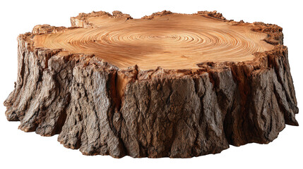 Large detailed tree stump with growth ring and rough bark texture. This rustic brown wood log section shows natural signs of age, an isolated clipart for forestry themes