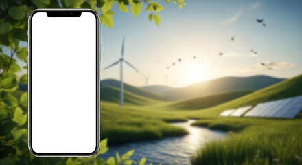 Smartphone displaying eco-friendly landscape with wind turbines and solar panels