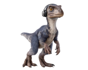 Humorous baby raptor character listening to music with headphone. This cool dinosaur illustration, piece of clipart, appears calm and content while isolated
