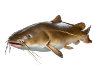 Realistic brown catfish with prominent whisker swimming. This single isolated freshwater fish natural element for aquatic, fishing, seafood, or river ecosystem concepts
