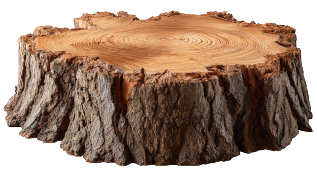 Large detailed tree stump with growth ring and rough bark texture. This rustic brown wood log section shows natural signs of age, an isolated clipart for forestry themes