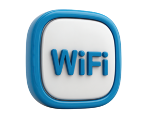 Modern blue wifi icon symbol for wireless internet connection. This 3d render object, glossy button isolated on white, represents hotspot and digital signal